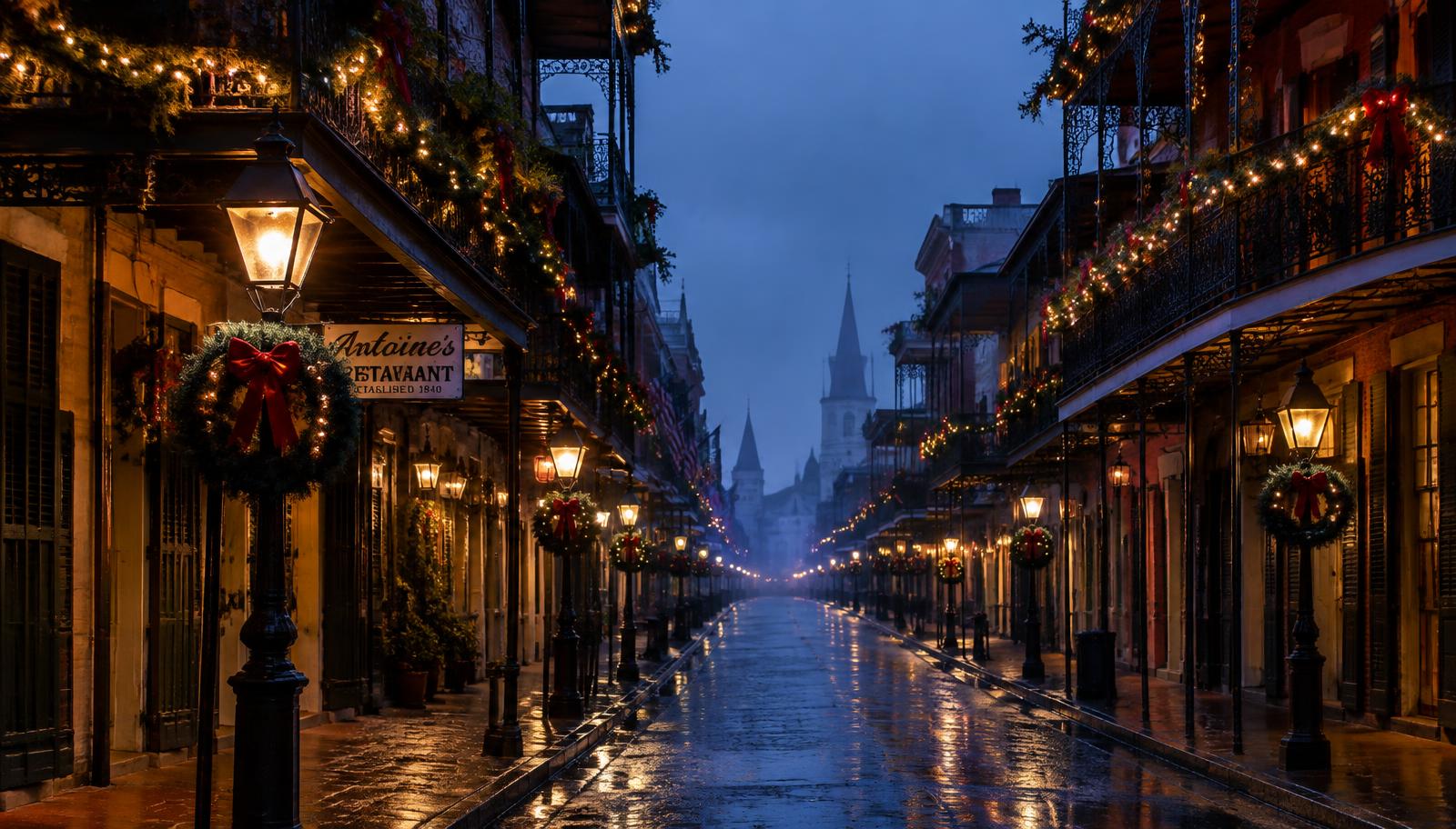 French Quarter balconies decorated for Christmas